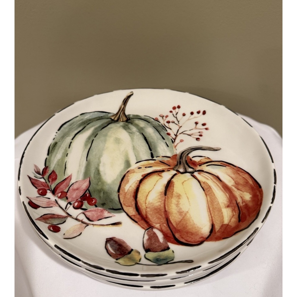 4 Potter's Studio Pastel Fall Pumpkins Salad Plates‎ 8.5" Stoneware Thanksgiving - Picture 2 of 2